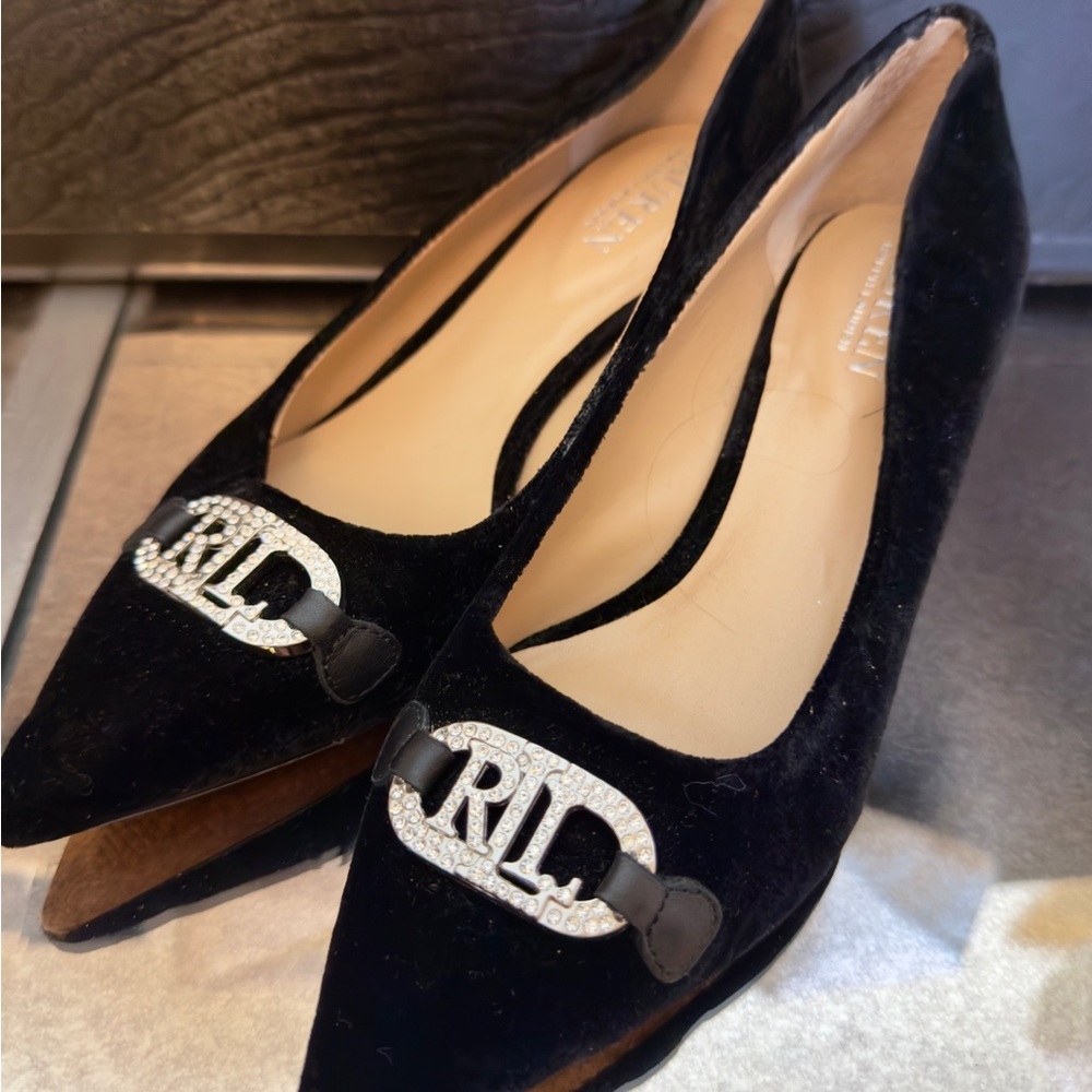 Lauren Ralph Lauren Lilah Black Velvet Rhinestone Heels 6.5M - Picture 2 of 8